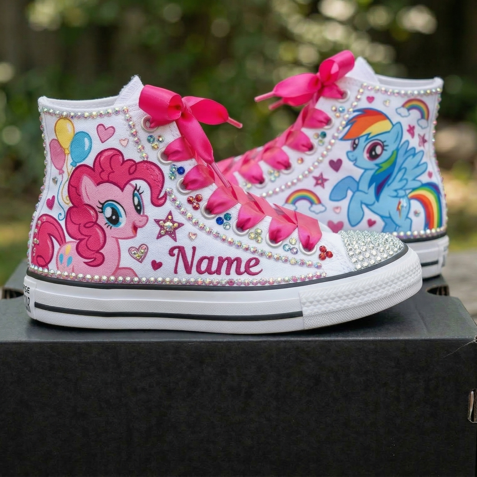 Custom My Little Pony Pinkie Pie Rainbow Dash High-Top Sneakers Shoes Personalized with Name, Ribbon Laces & Rhinestones Birthday Parties Everyday Gift