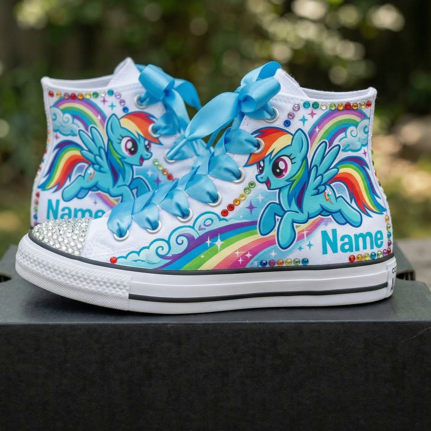 Custom My Little Pony Rainbow Dash High-Top Sneakers Shoes Personalized with Name, Ribbon Laces & Rhinestones Birthday Parties Everyday Gift