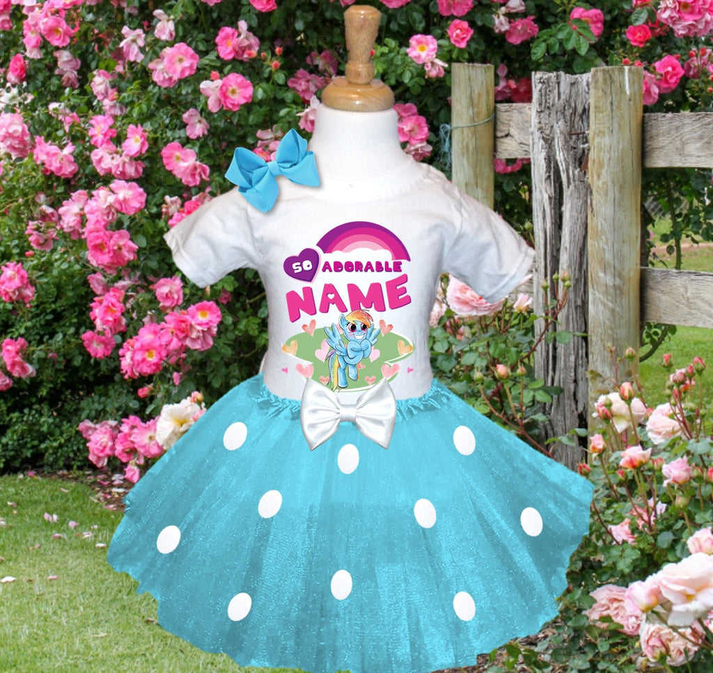 My Little Pony Rainbow Dash Tutu Set Girls Personalized Custom Blue White Polka Dots Tutu Outfit Dress Theme Cake Smash Party