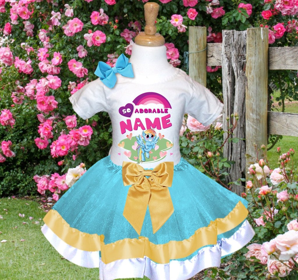 My Little Pony Rainbow Dash Tutu Set Girls Personalized Custom Blue Gold White Ribbon Trim Tutu Outfit Dress Theme Cake Smash Party