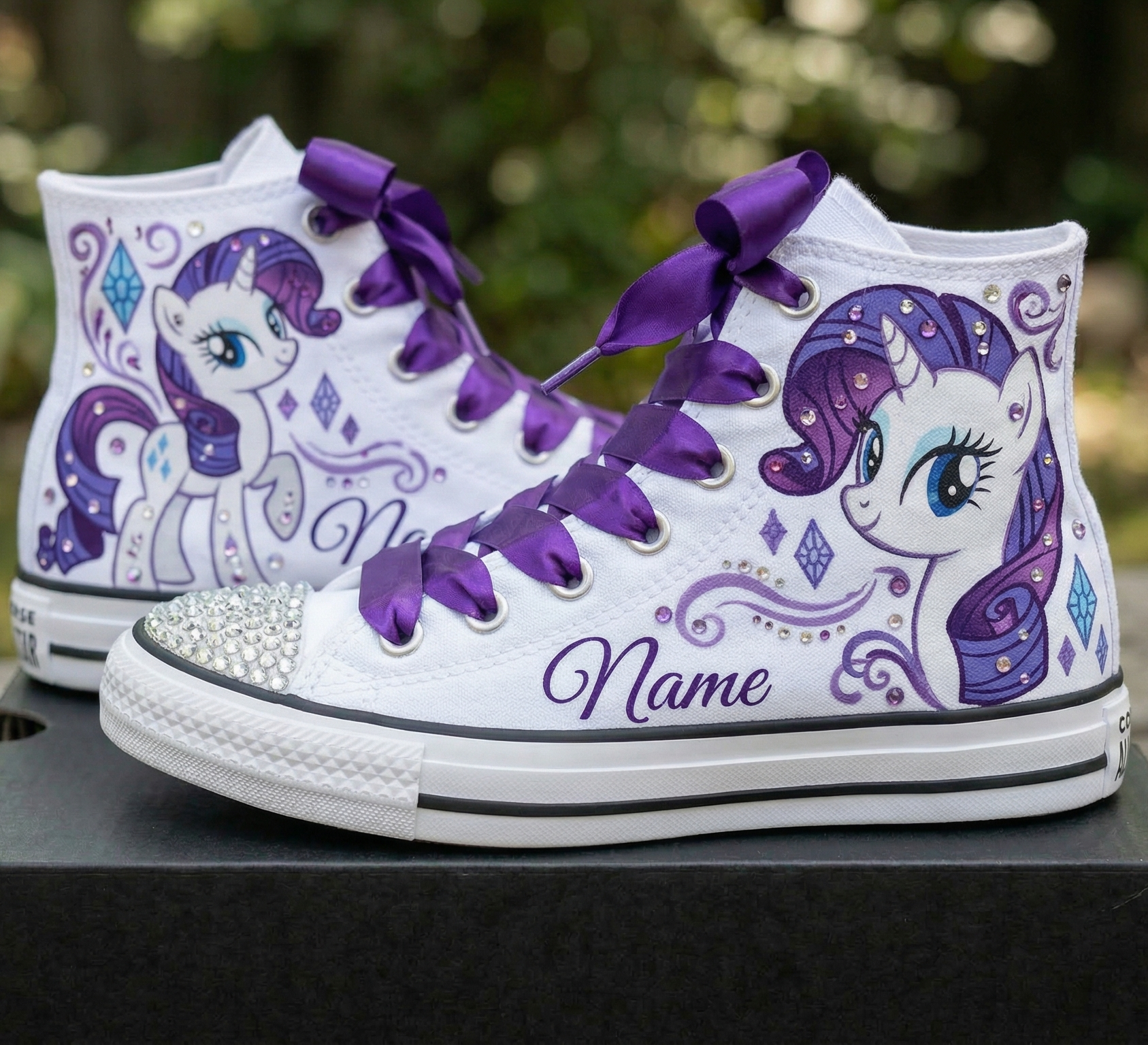 Custom My Little Pony Rarity High-Top Sneakers Shoes Personalized with Name, Ribbon Laces & Rhinestones Birthday Parties Everyday Gift
