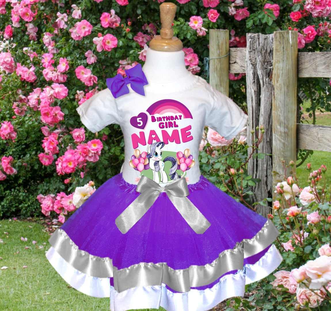 My Little Pony Rarity Tutu Set Girls Personalized Custom Purple Silver White Ribbon Trim Tutu Outfit Dress Theme Cake Smash Birthday Party