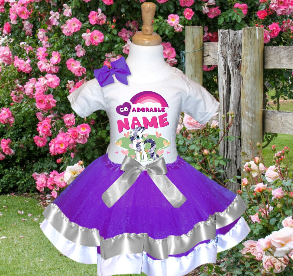 My Little Pony Rarity Tutu Set Girls Personalized Custom Purple Silver White Ribbon Trim Tutu Outfit Dress Theme Cake Smash Party
