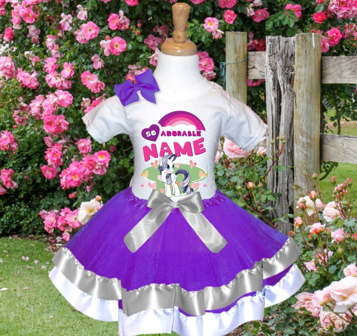 My Little Pony Rarity Tutu Set Girls Personalized Custom Purple Silver White Ribbon Trim Tutu Outfit Dress Theme Cake Smash Party