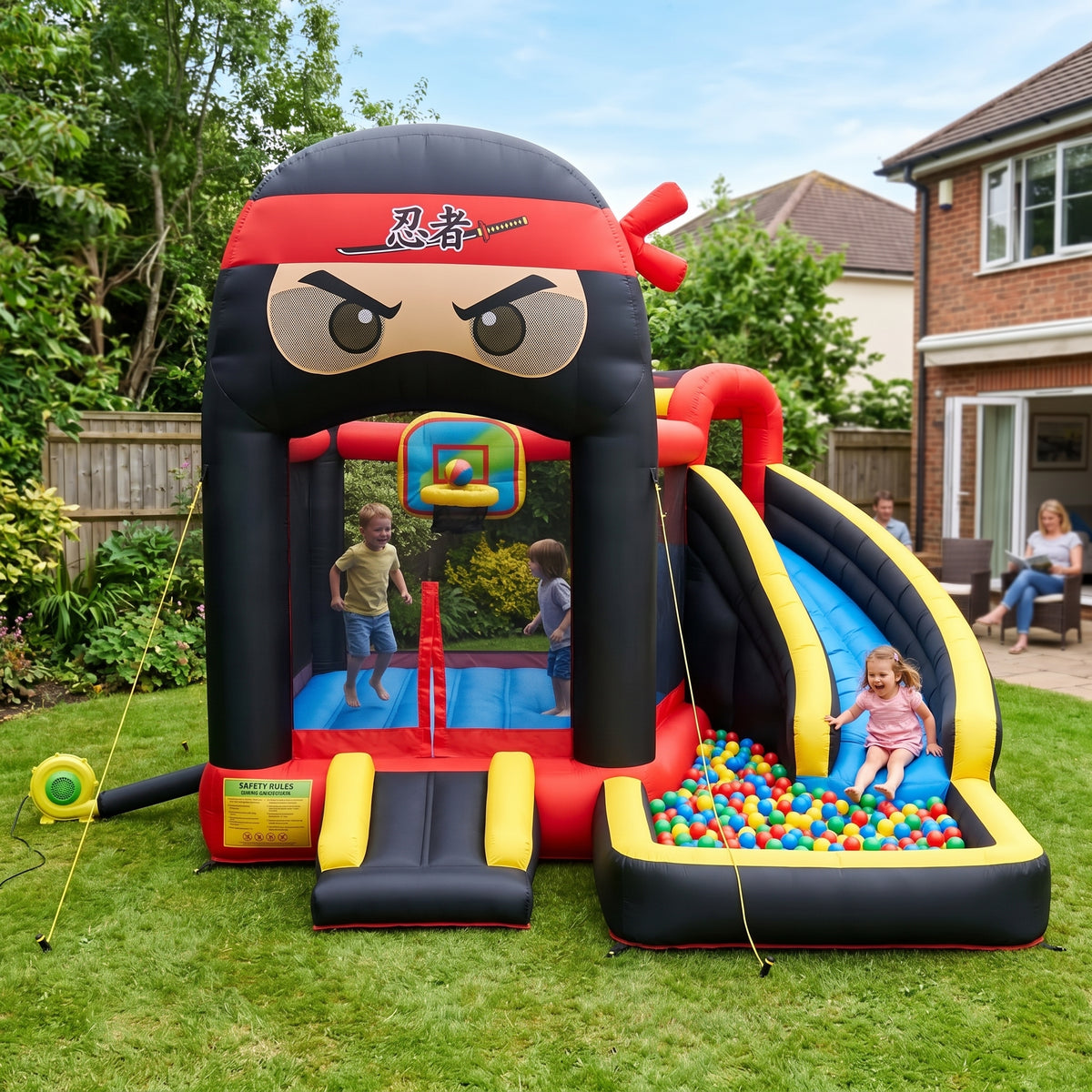 Play Bounce House Jumping Playhouse area with Slide and Ball Pit Ninja's Head Castle Theme