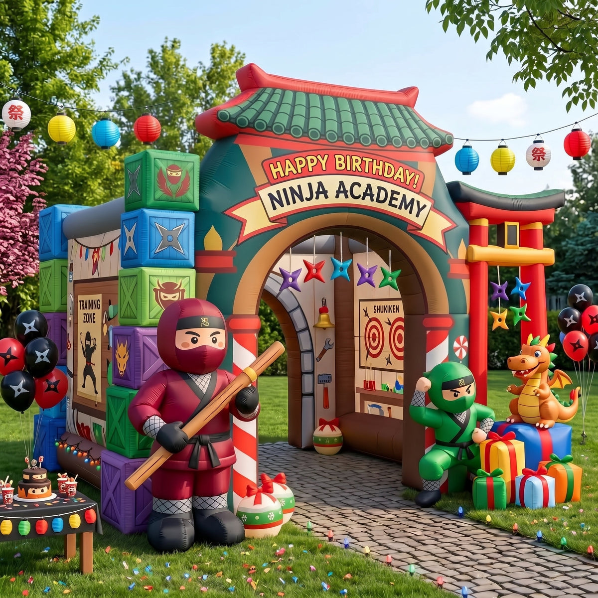 Ninja / Martial Arts Theme Premium 10' x 10' Birthday House Inflatable Blow Up Walk-Through Archway Experience Decor Prop