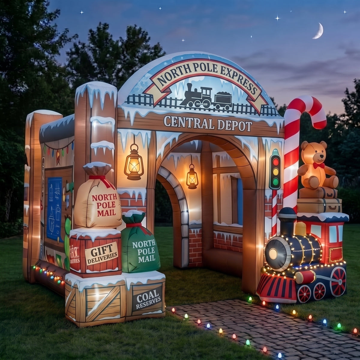North Pole Express Theme Premium 10' x 10' Christmas House Inflatable Blow Up Walk-Through Archway Experience Decor Prop