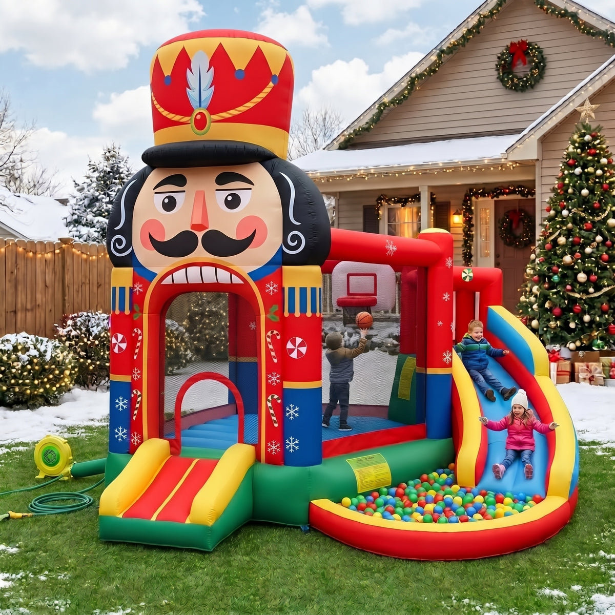 Play Bounce House Jumping Playhouse area with Slide and Ball Pit Christmas Nutcracker's Head Castle Theme