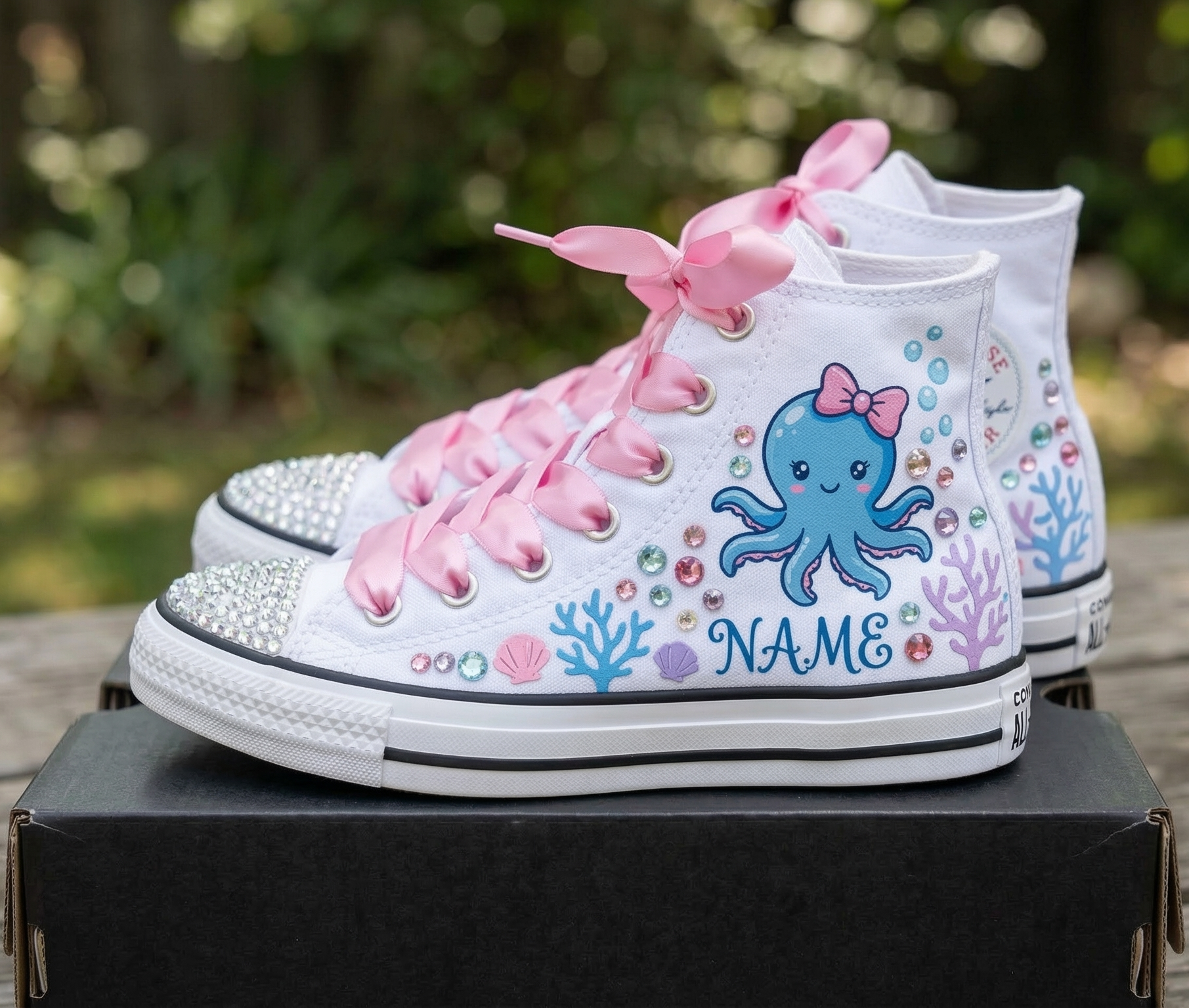Custom Cute Blue Octopus High-Top Sneakers Shoes Personalized with Name, Ribbon Laces & Rhinestones Birthday Parties Everyday Gift