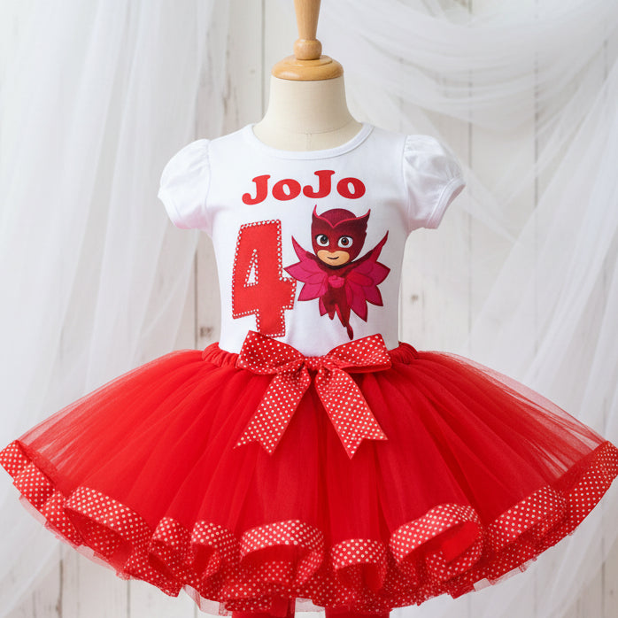 PJ Masks Owelette Tutu Set Girls Personalized Custom Red Ribbon Sewn Trim Tutu Outfit Dress Theme Cake Smash Birthday Party