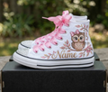 Custom Cute Brown Owl High-Top Sneakers Shoes Personalized with Name, Ribbon Laces & Rhinestones Birthday Parties Everyday Gift