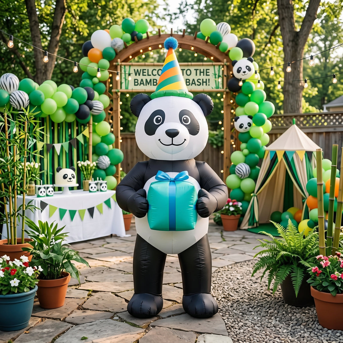 5' Panda with Birthday Hat and Present Yard Birthday Inflatable Blow Up Decor Prop