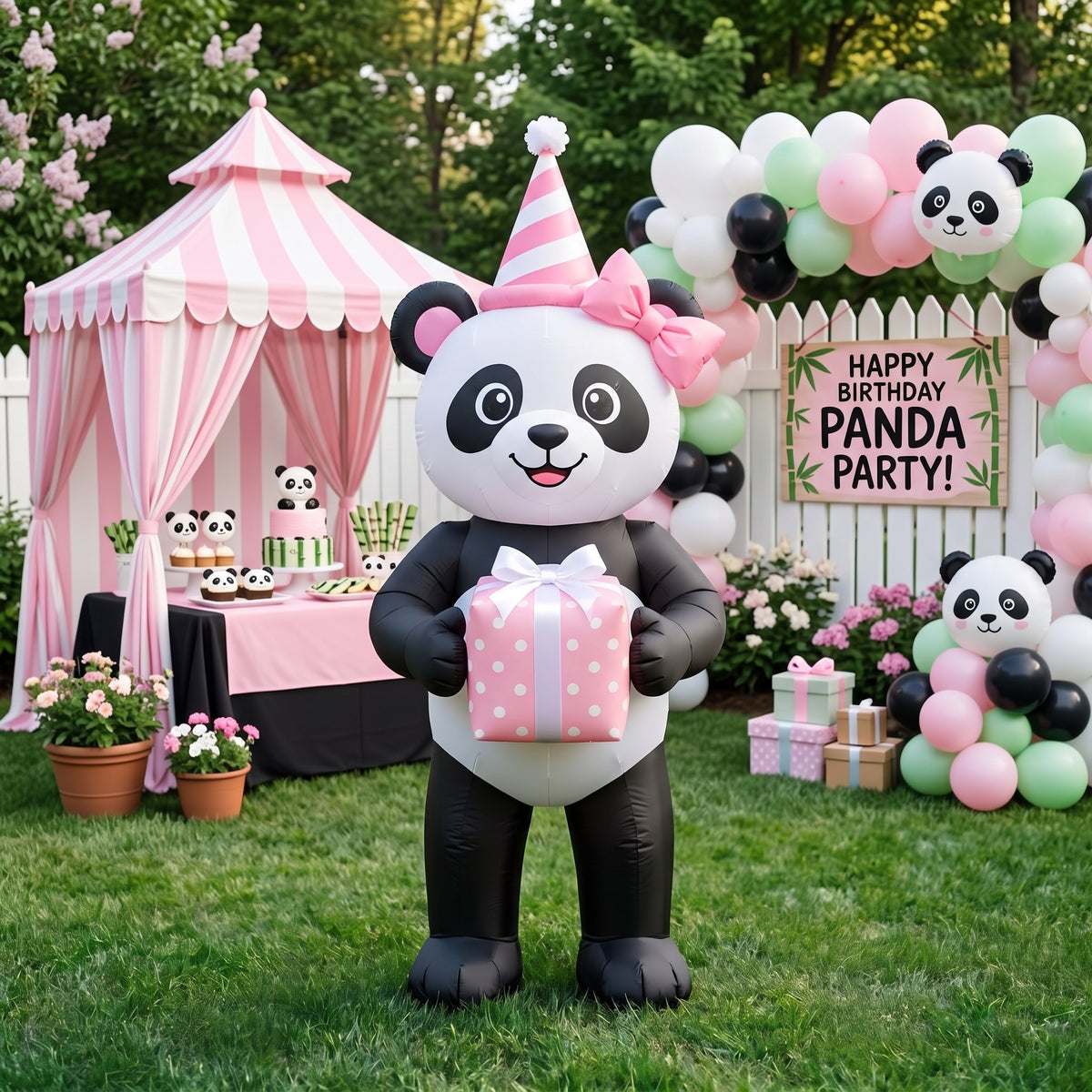 5' Panda Girl with Birthday Hat and Present Yard Birthday Inflatable Blow Up Decor Prop