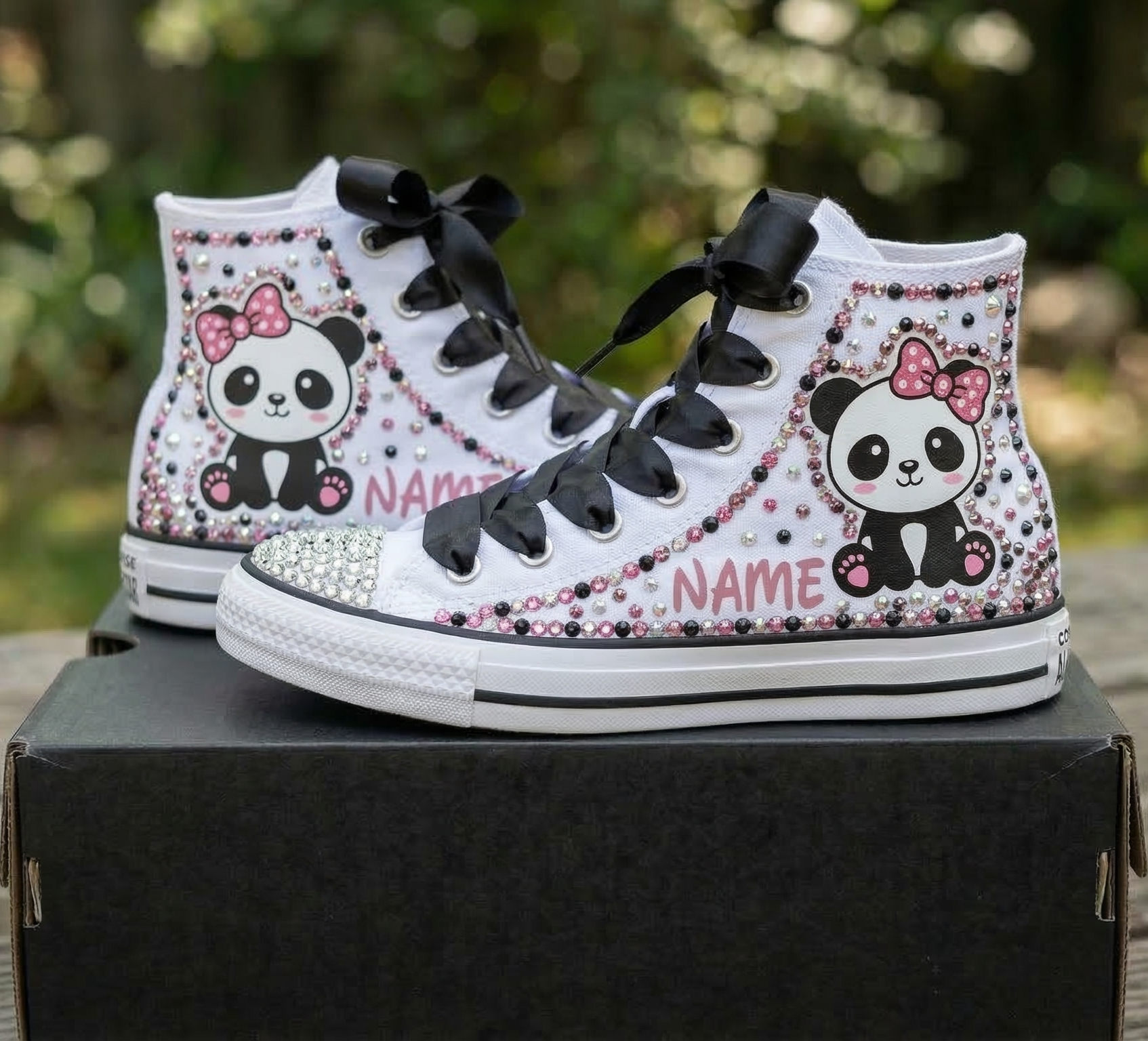 Custom Cute Little Panda Bear High-Top Sneakers Shoes Personalized with Name, Ribbon Laces & Rhinestones Birthday Parties Everyday Gift