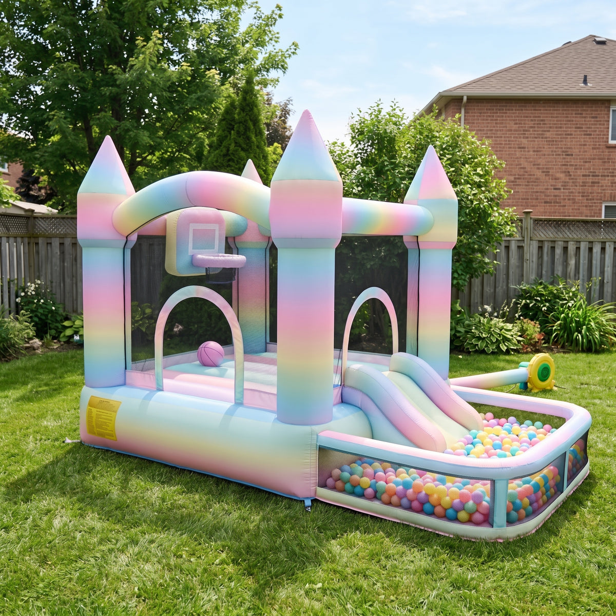 Play Bounce House Jumping Playhouse area with Slide and Ball Pit Pastel Rainbow Castle Theme
