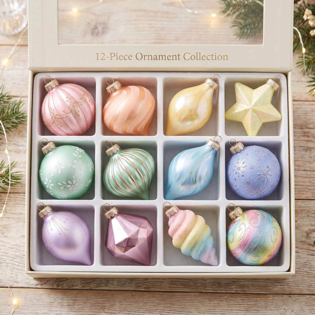 12-Piece Assorted Pastel Rainbow Luxury Shatterproof Holiday Ornament Set Christmas Decor