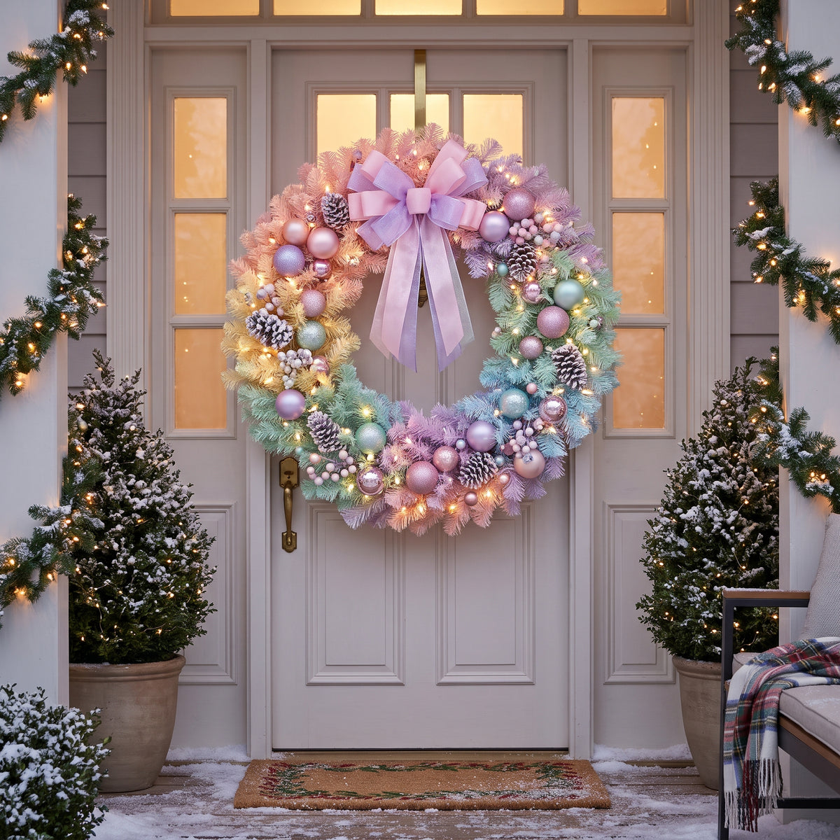 36-Inch Pre-Lit Pastel Rainbow Luxury Artificial Holiday Wreath Christmas Decor