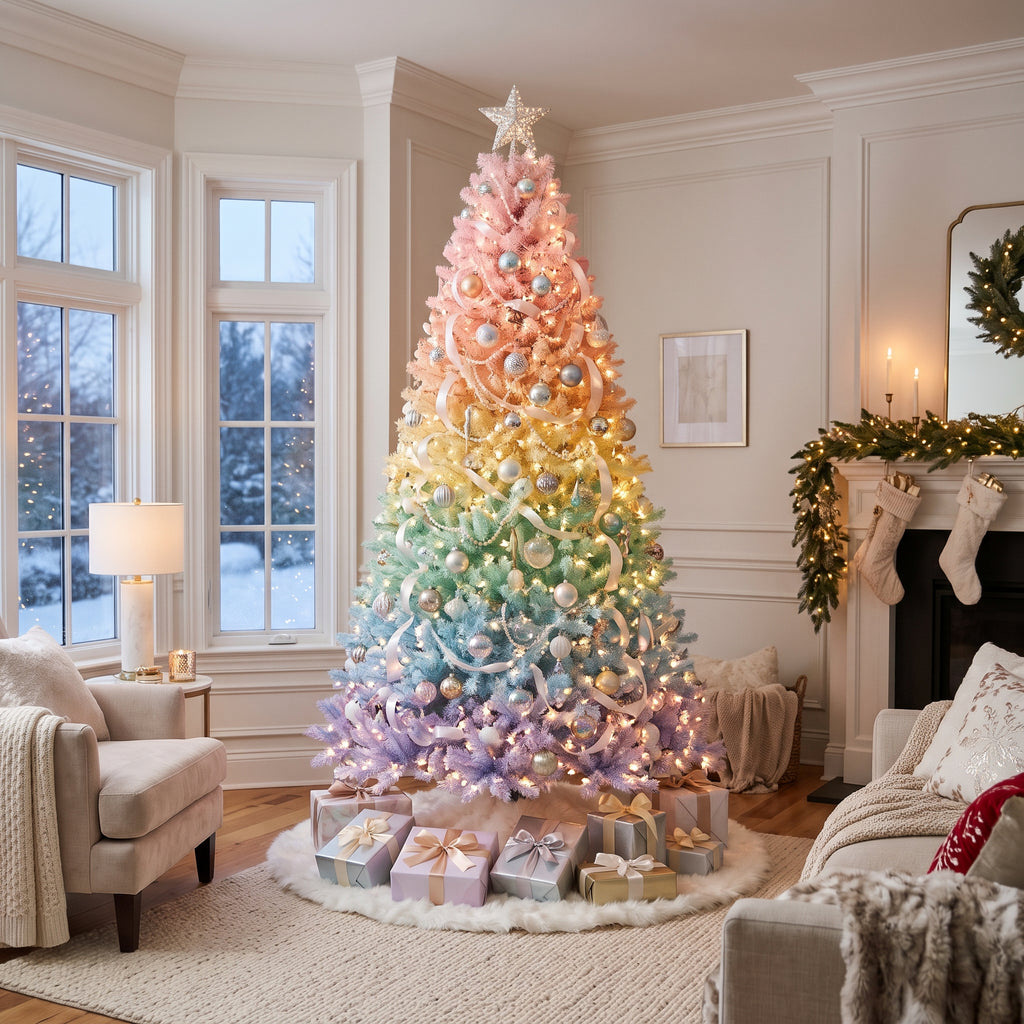 7-Foot Pre-Lit Pastel Rainbow Gradient Artificial Christmas Tree Life Size Christmas Decor