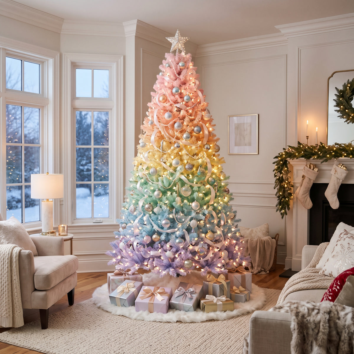 7-Foot Pre-Lit Pastel Rainbow Gradient Artificial Christmas Tree Life Size Christmas Decor