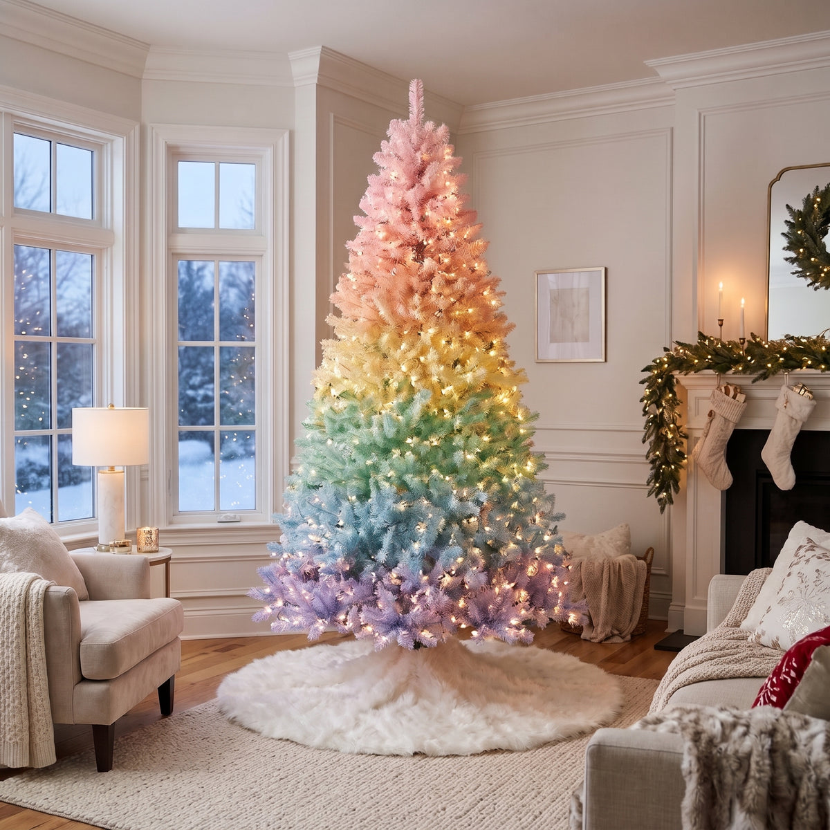 7-Foot Pre-Lit Pastel Rainbow Gradient Artificial Christmas Tree Life Size Christmas Decor
