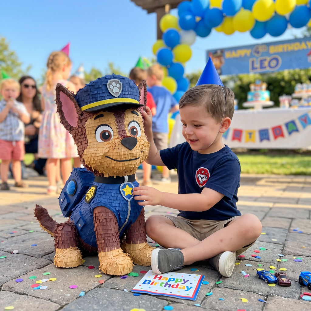 Premium Handmade 30-Inch Paw Patrol Chase Character Pull-String Piñata Table Decor Party Centerpiece
