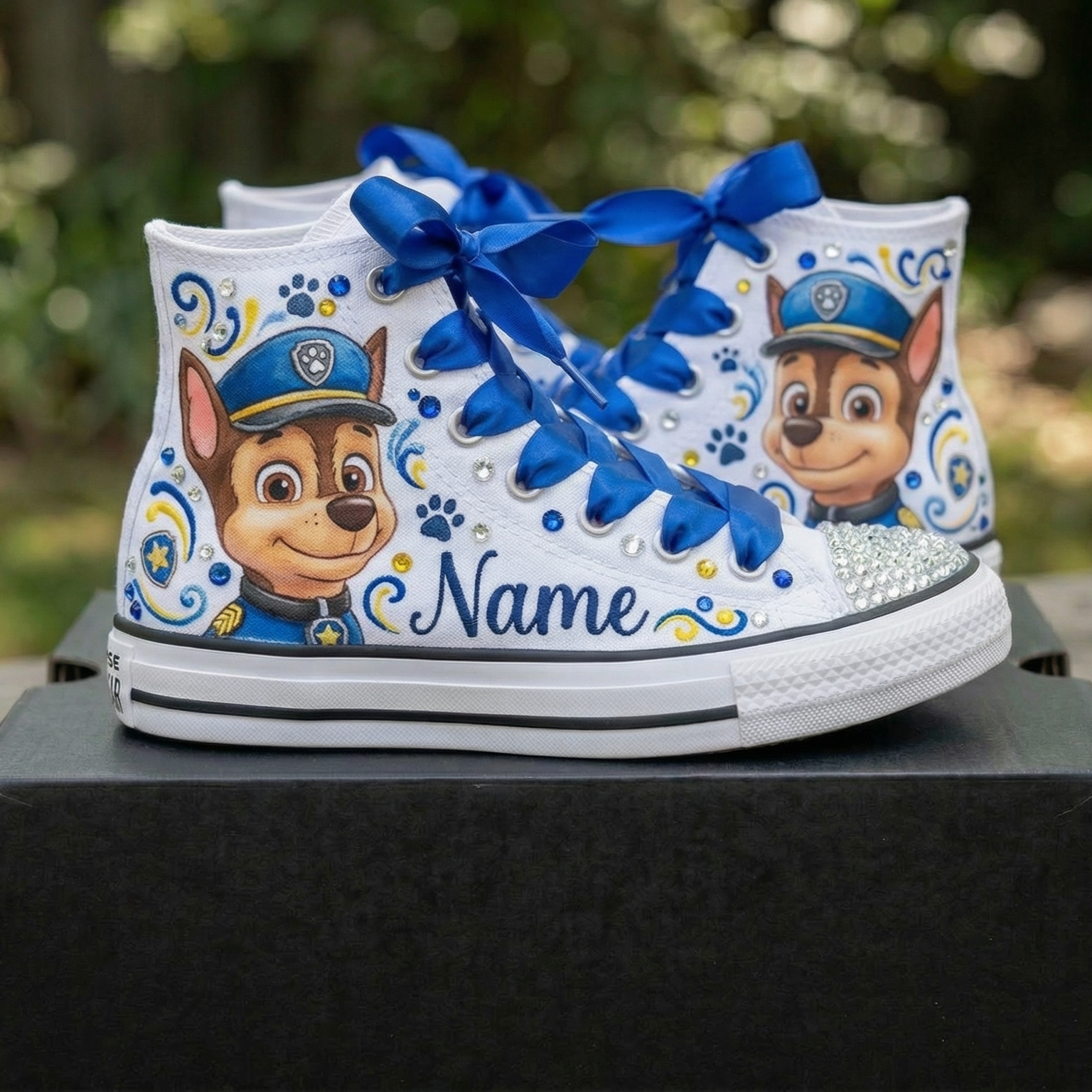 Custom Paw Patrol Chase High-Top Sneakers Shoes Personalized with Name, Ribbon Laces & Rhinestones Birthday Parties Everyday Gift
