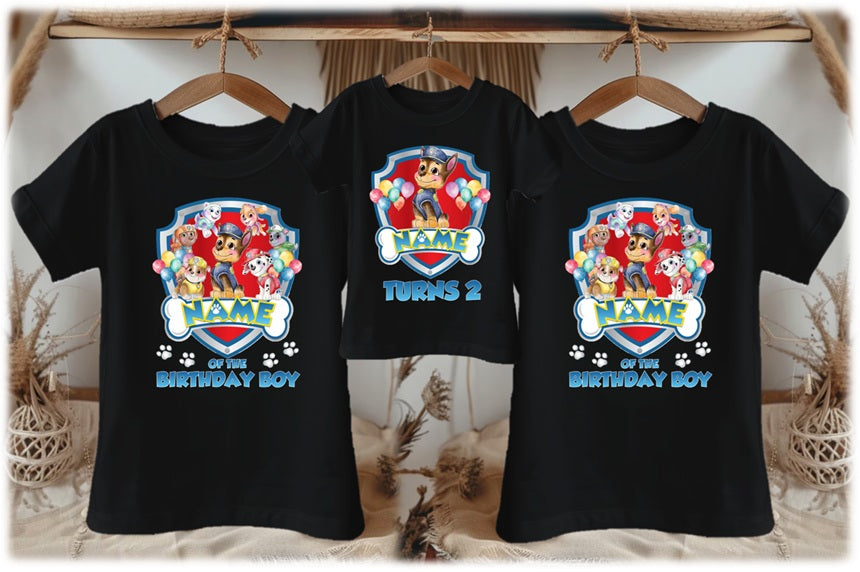 Paw Patrol Chase Personalized Custom Black Family T-Shirt or Onesie Pack Theme Cake Smash Birthday Party