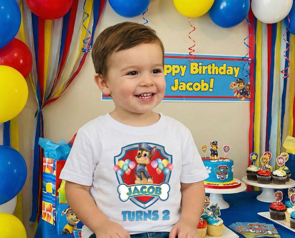 Paw Patrol Chase Personalized Custom White T-Shirt or Onesie Theme Cake Smash Birthday Party