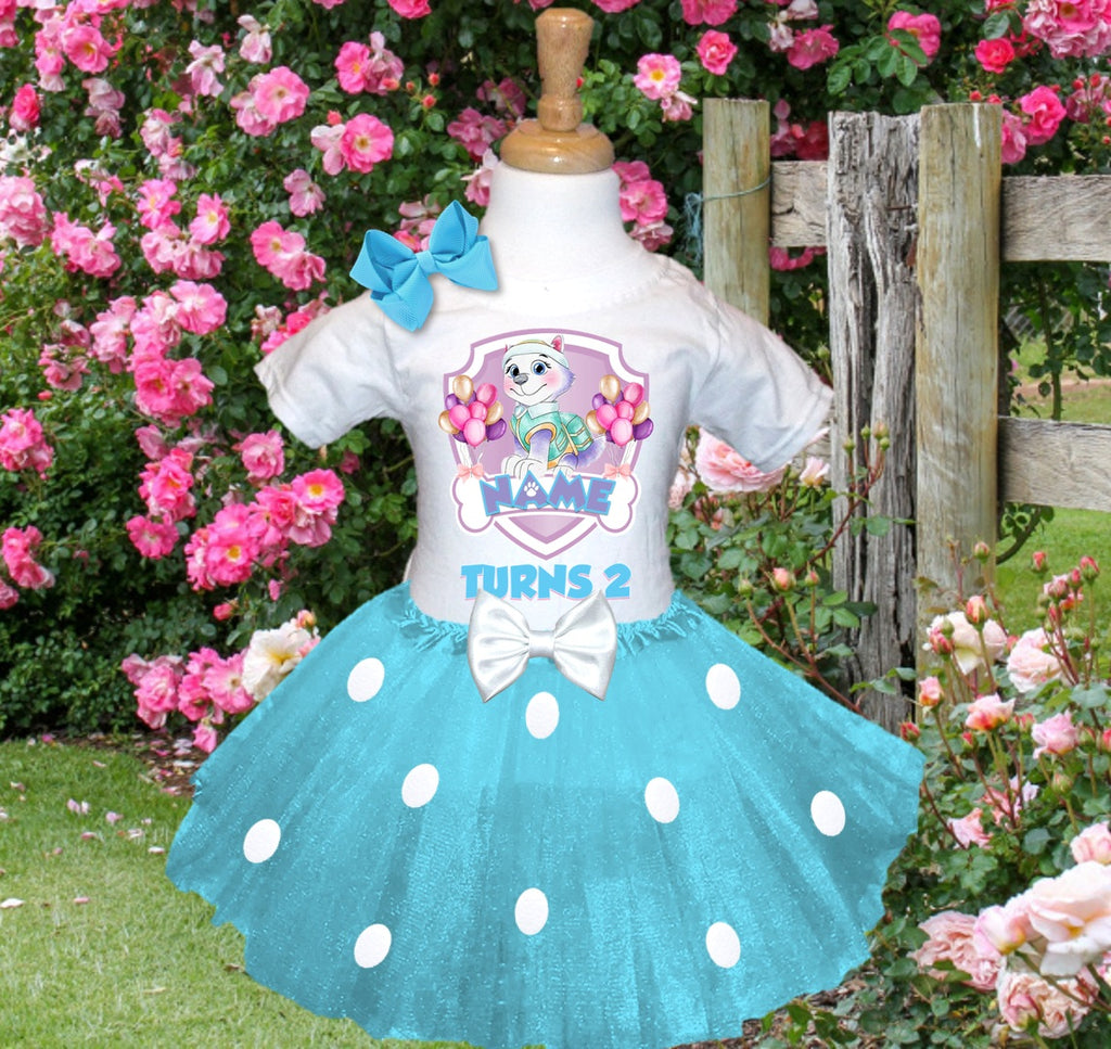 Paw Patrol Everest Tutu Set Girls Personalized Custom Blue White Polka Dots Tutu Outfit Dress Theme Cake Smash Birthday Party