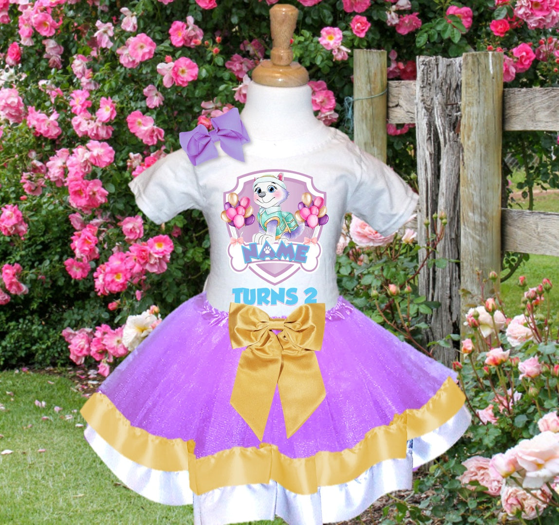 Paw Patrol Everest Tutu Set Girls Personalized Custom Light Purple Gold White Ribbon Trim Tutu Outfit Dress Theme Cake Smash Birthday Party