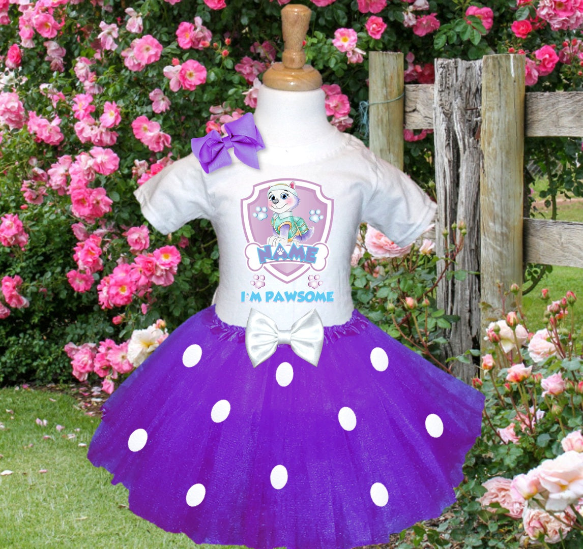 Paw Patrol Everest Tutu Set Girls Personalized Custom Purple White Polka Dots Tutu Outfit Dress Theme Cake Smash Party