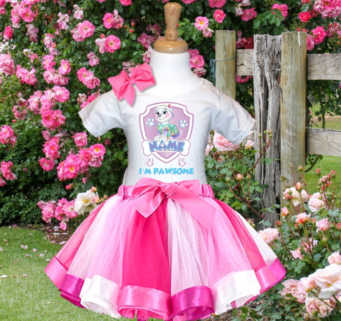 Paw Patrol Everest Tutu Set Girls Personalized Custom Hot Pink White Pink Ribbon Tutu Outfit Dress Theme Cake Smash Party
