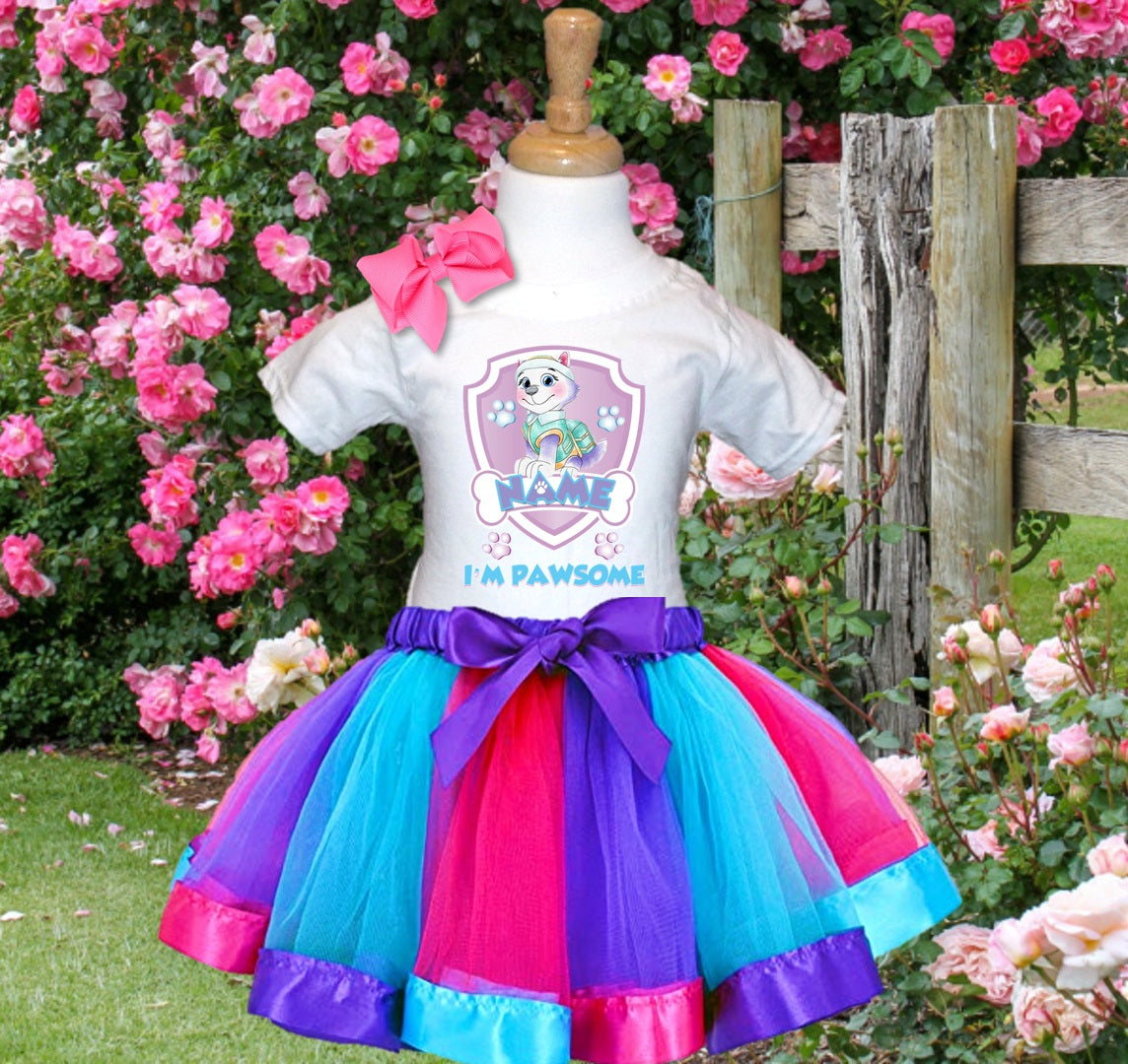 Paw Patrol Everest Tutu Set Girls Personalized Custom Hot Pink Blue Purple Ribbon Tutu Outfit Dress Theme Cake Smash Party