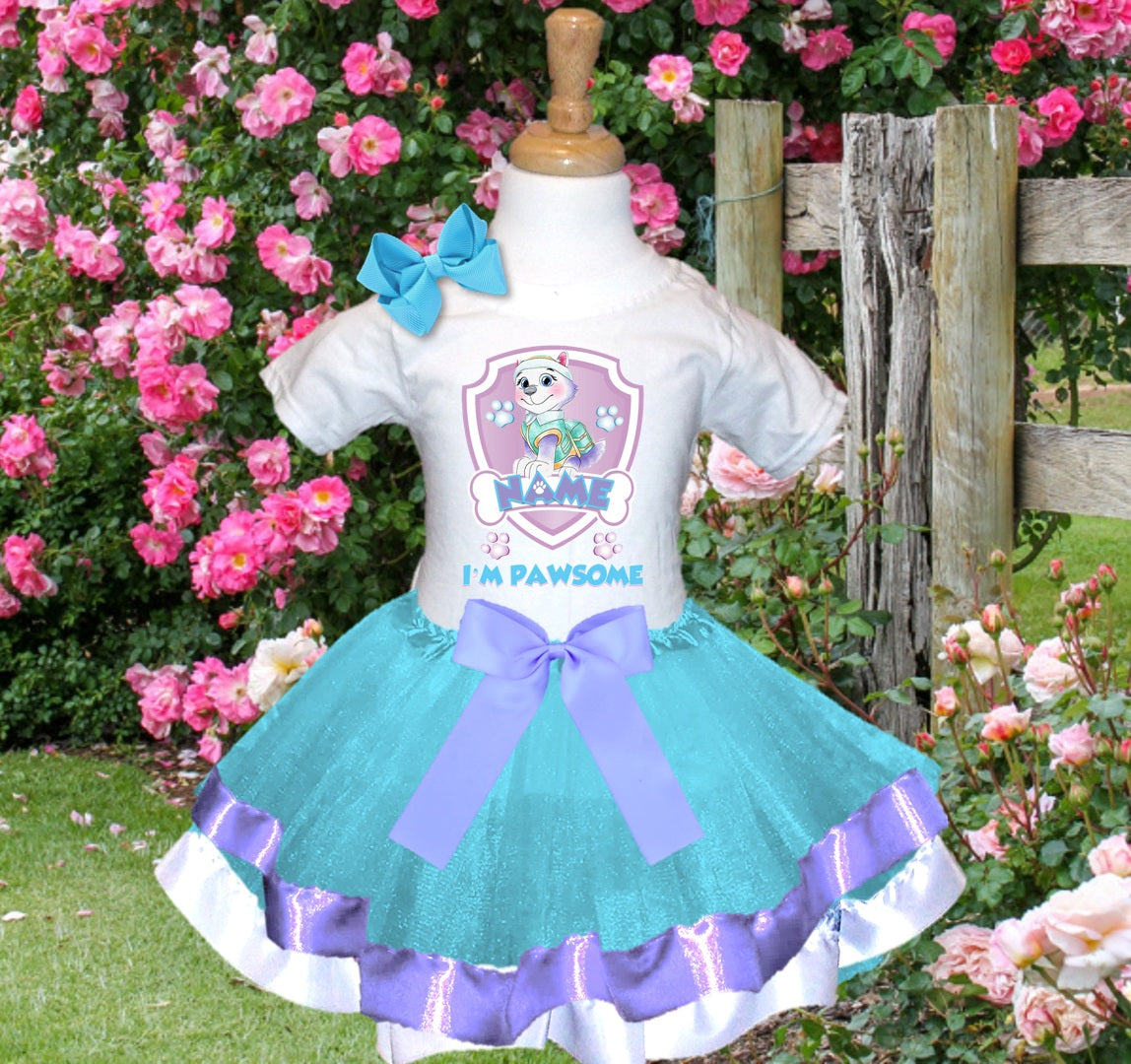Paw Patrol Everest Tutu Set Girls Personalized Custom Blue Light Purple White Ribbon Trim Tutu Outfit Dress Theme Cake Smash Party