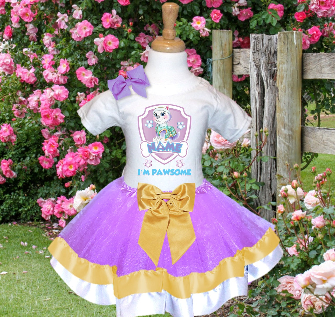 Paw Patrol Everest Tutu Set Girls Personalized Custom Light Purple Gold White Ribbon Trim Tutu Outfit Dress Theme Cake Smash Party
