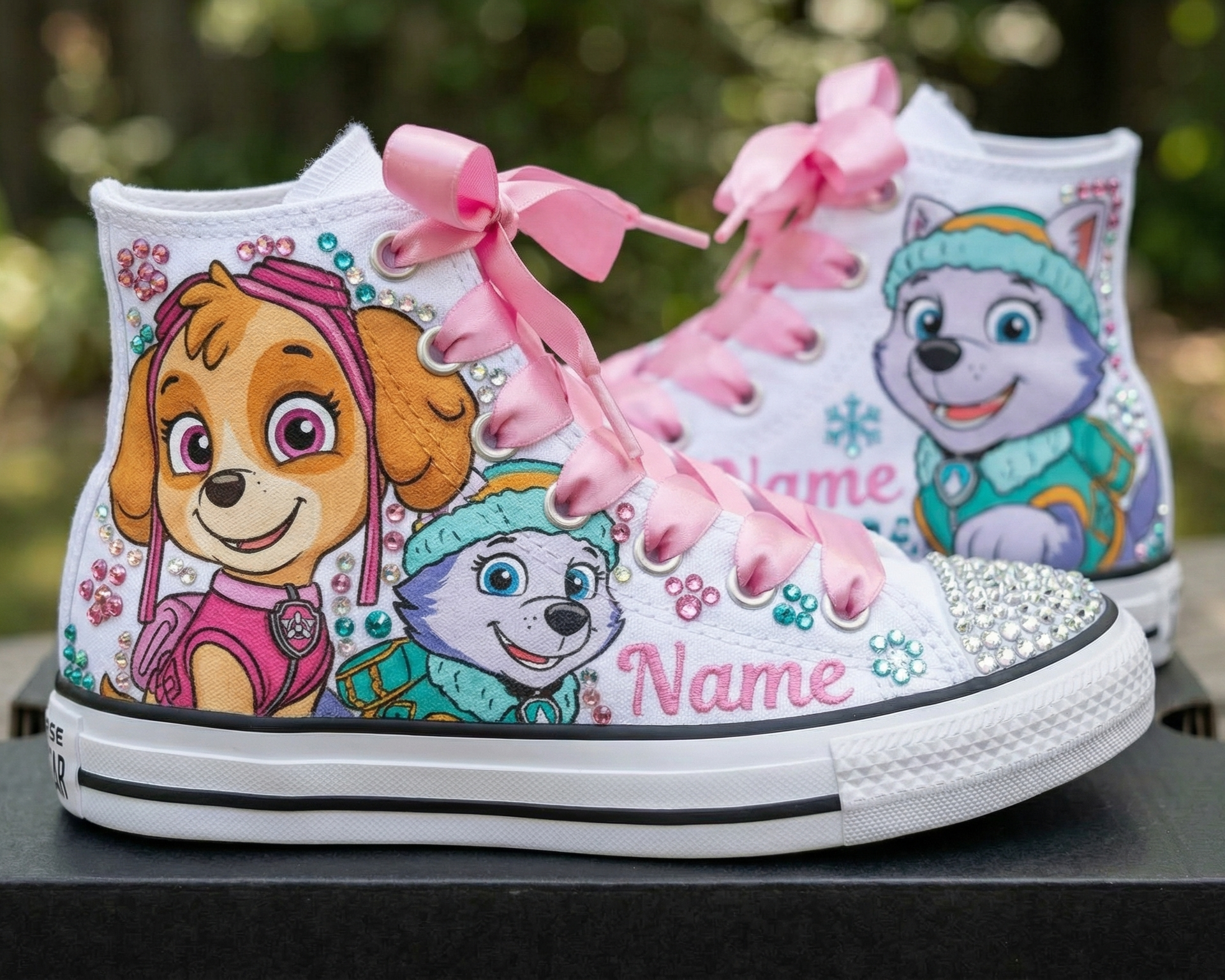 Custom Paw Patrol Skye Everest High-Top Sneakers Shoes Personalized with Name, Ribbon Laces & Rhinestones Birthday Parties Everyday Gift