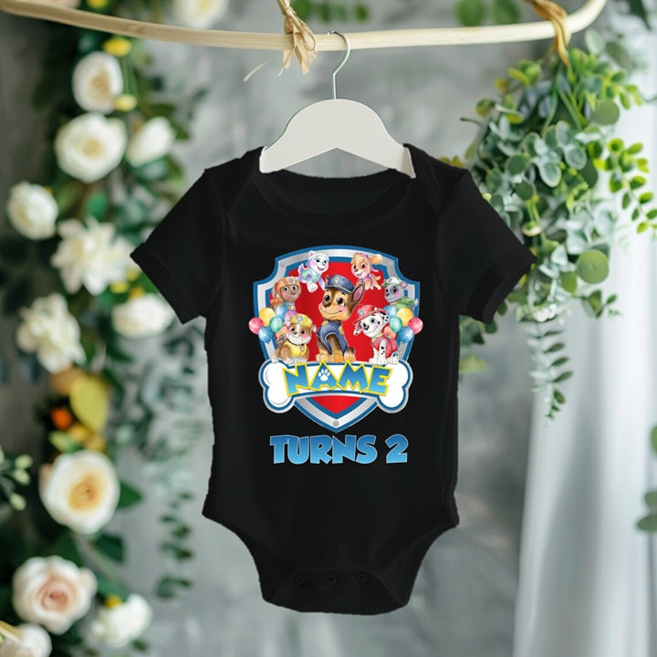 Paw Patrol Group Personalized Custom Black T-Shirt or Onesie Theme Cake Smash Birthday Party
