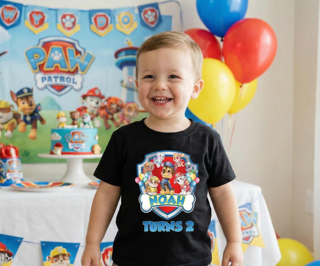 Paw Patrol Group Personalized Custom Black T-Shirt or Onesie Theme Cake Smash Birthday Party