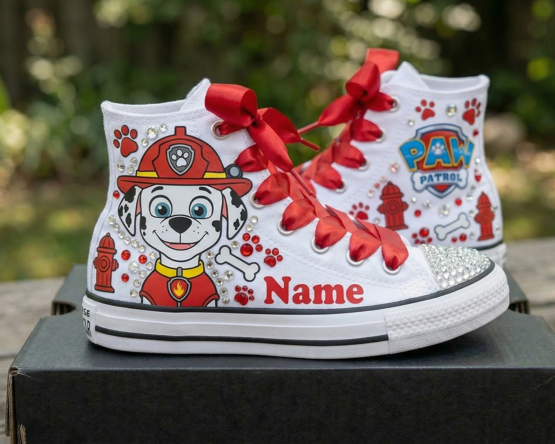 Custom Paw Patrol Marshall High-Top Sneakers Shoes Personalized with Name, Ribbon Laces & Rhinestones Birthday Parties Everyday Gift