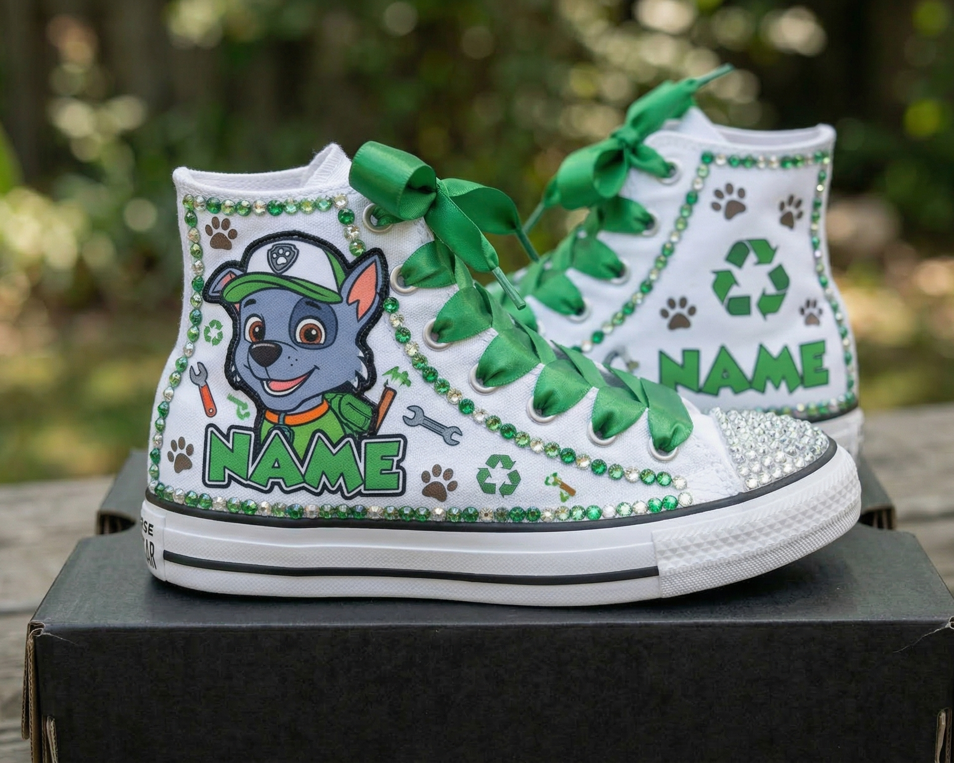 Custom Paw Patrol Rocky High-Top Sneakers Shoes Personalized with Name, Ribbon Laces & Rhinestones Birthday Parties Everyday Gift