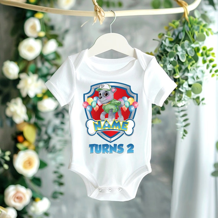 Paw Patrol Rocky Personalized Custom White T-Shirt or Onesie Theme Cake Smash Birthday Party