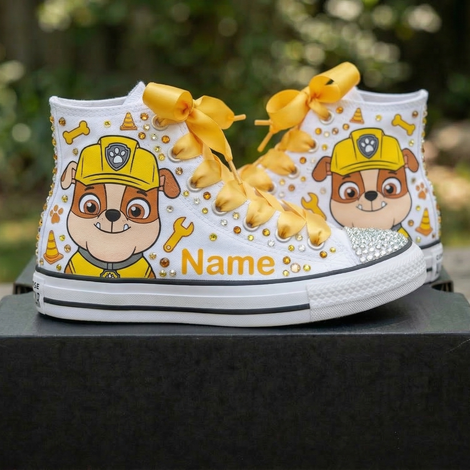 Custom Paw Patrol Rubble High-Top Sneakers Shoes Personalized with Name, Ribbon Laces & Rhinestones Birthday Parties Everyday Gift