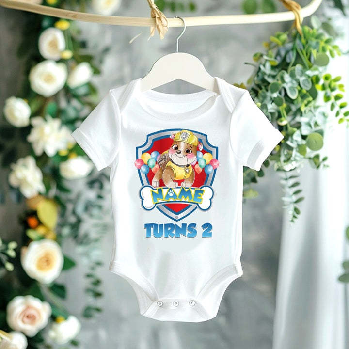 Paw Patrol Rubble Personalized Custom White T-Shirt or Onesie Theme Cake Smash Birthday Party