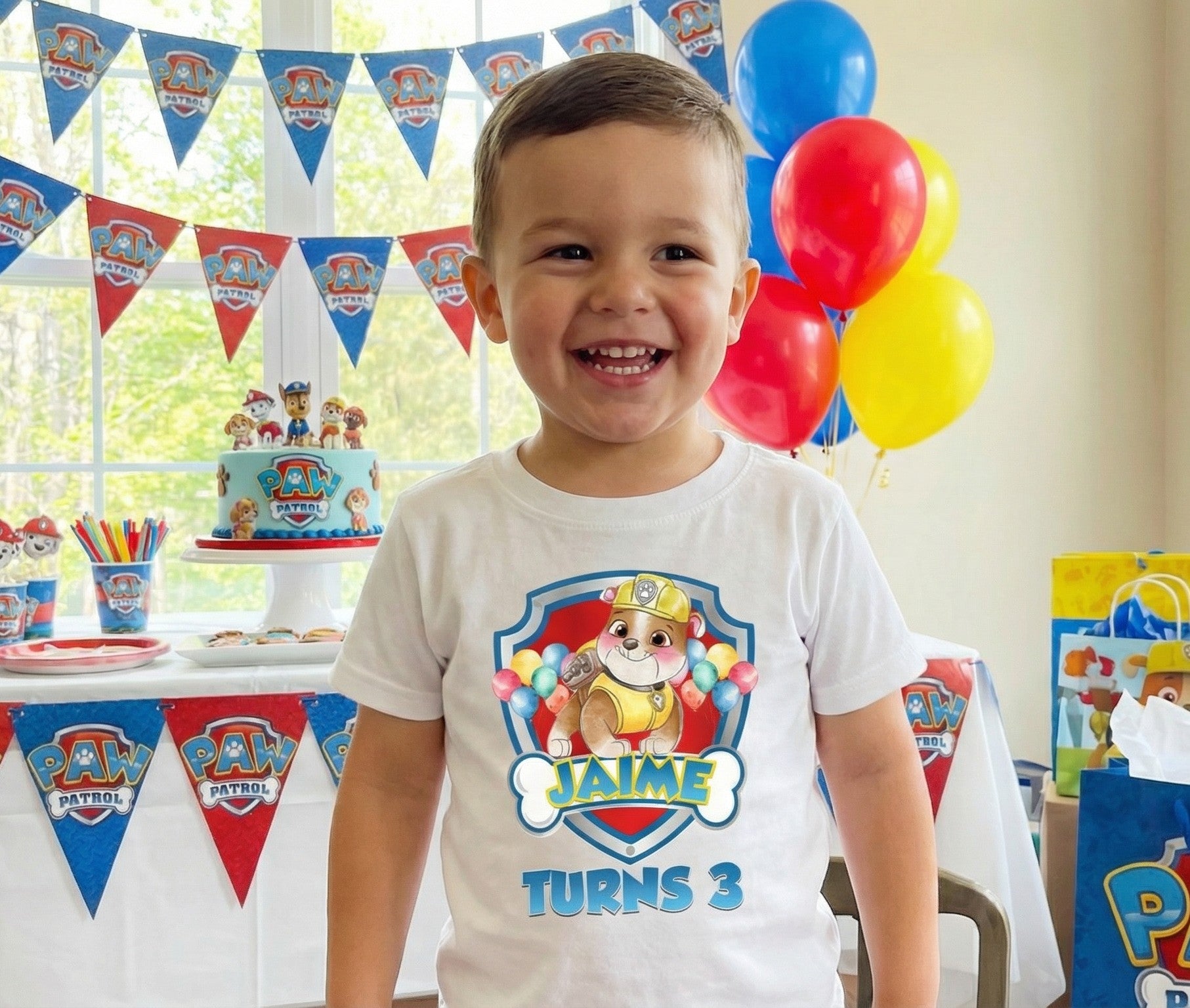 Paw Patrol Rubble Personalized Custom White T-Shirt or Onesie Theme Cake Smash Birthday Party