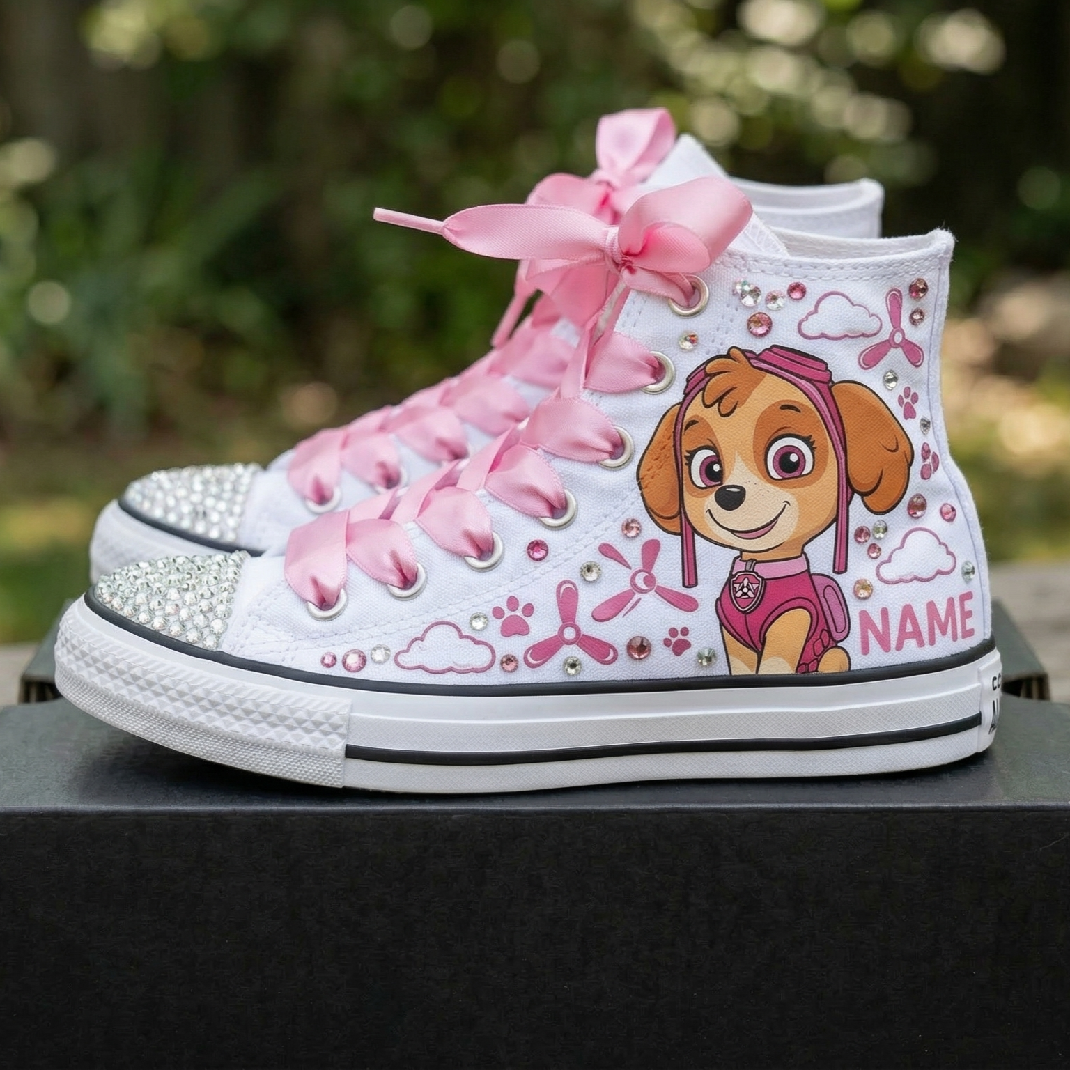 Custom Paw Patrol Skye High-Top Sneakers Shoes Personalized with Name, Ribbon Laces & Rhinestones Birthday Parties Everyday Gift