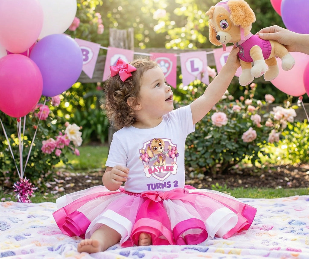 Paw Patrol Skye Tutu Set Girls Personalized Custom Hot Pink White Pink Ribbon Tutu Outfit Dress Theme Cake Smash Birthday Party