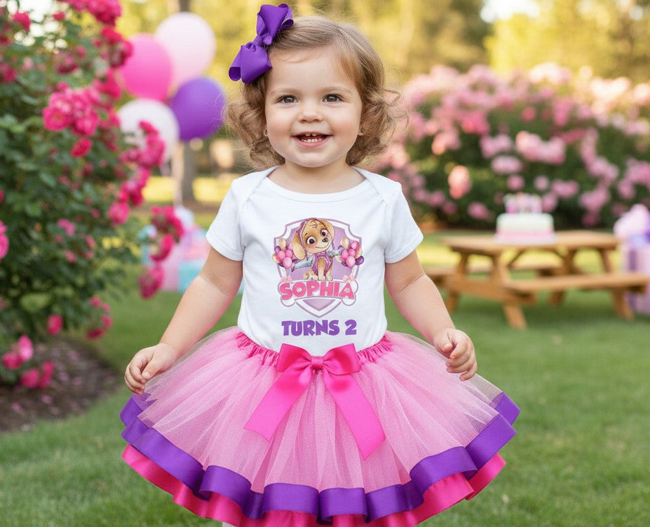 Paw Patrol Skye Tutu Set Girls Personalized Custom Pink Purple Hot Pink Ribbon Trim Tutu Outfit Dress Theme Cake Smash Birthday Party