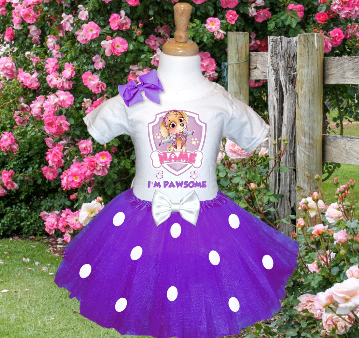 Paw Patrol Skye Tutu Set Girls Personalized Custom Purple White Polka Dots Tutu Outfit Dress Theme Cake Smash Party