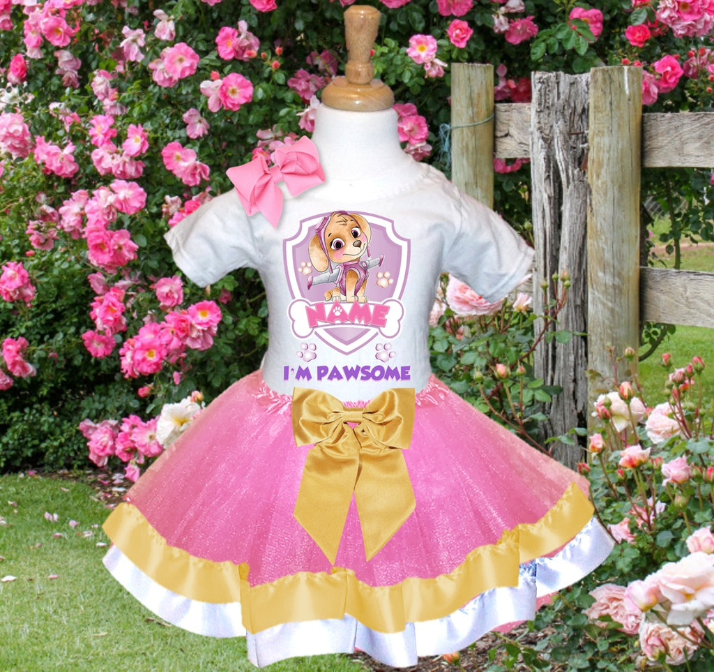 Paw Patrol Skye Tutu Set Girls Personalized Custom Pink Gold White Ribbon Trim Tutu Outfit Dress Theme Cake Smash Party