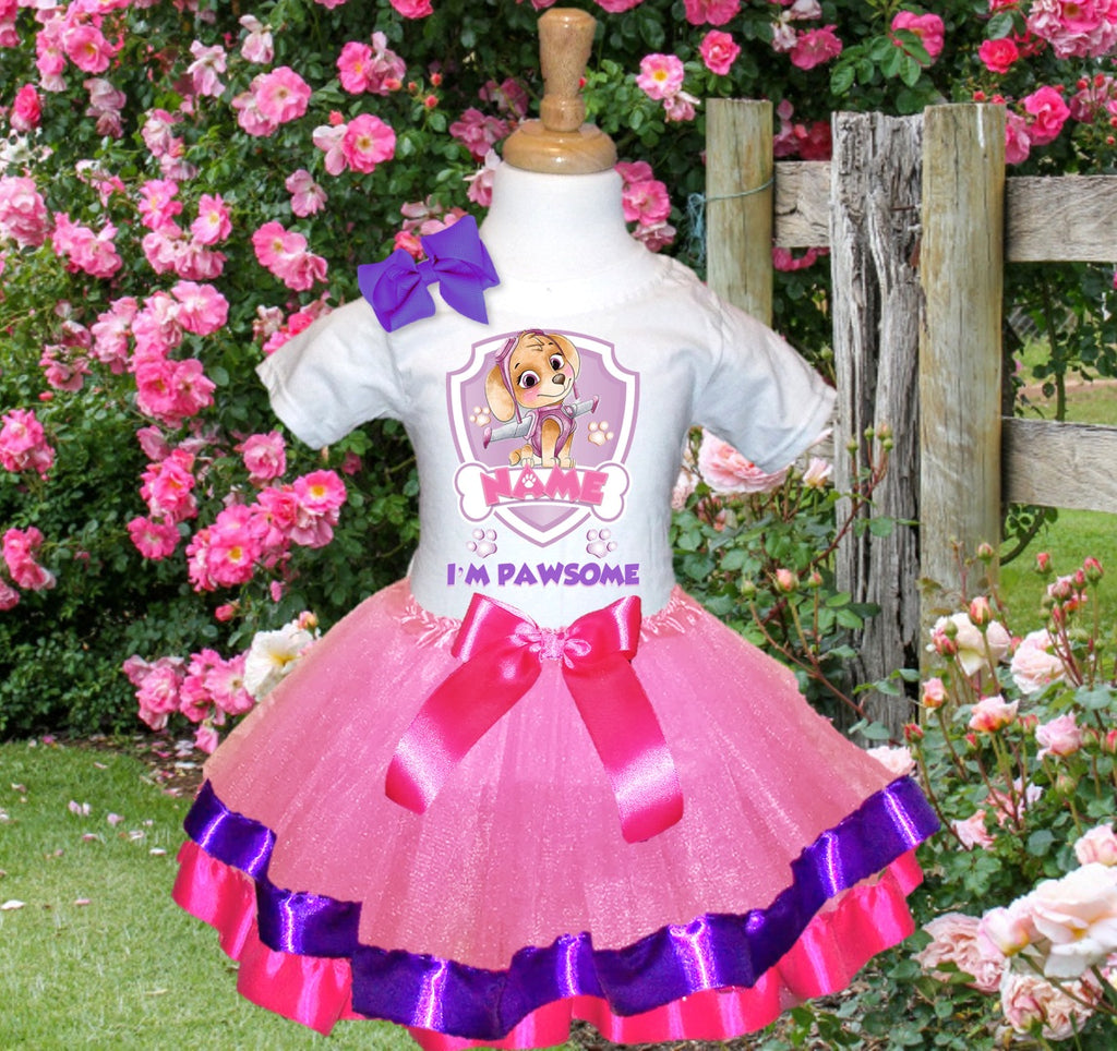 Paw Patrol Skye Tutu Set Girls Personalized Custom Pink Purple Hot Pink Ribbon Trim Tutu Outfit Dress Theme Cake Smash Party